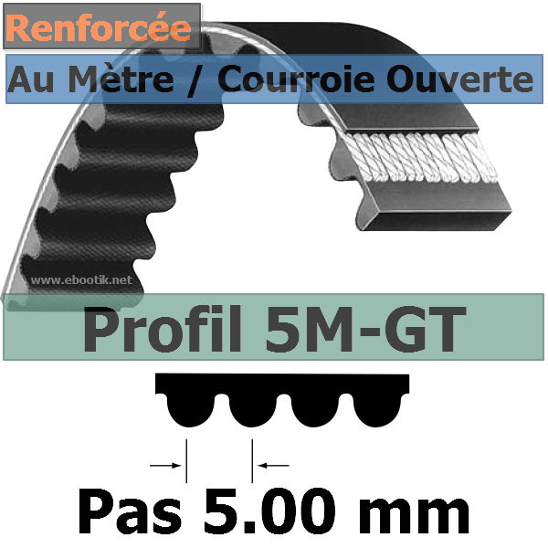 Courroie Crantée/Linéaire 5M-GT3-15 mm Acier Vendue au mètre